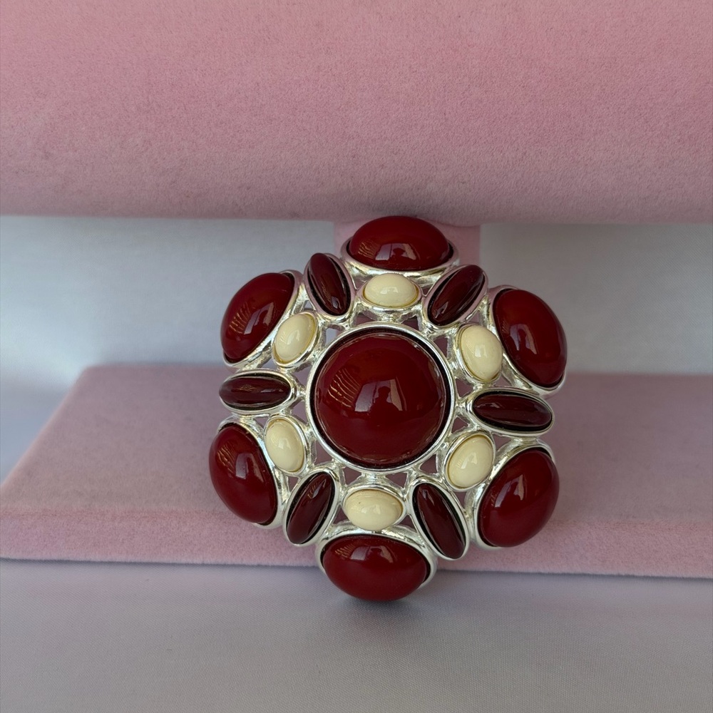 Vintage Funky Red & White Circle Silver Tone Pin Brooch Modernist Retro 2.5"